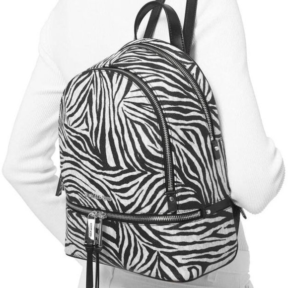 ?MICHAEL KORS RHEA ZIP MEDIUM BACKPACK BLACK WHITE LOGO ZEBRA TRAVEL BAG?NWT main image 5